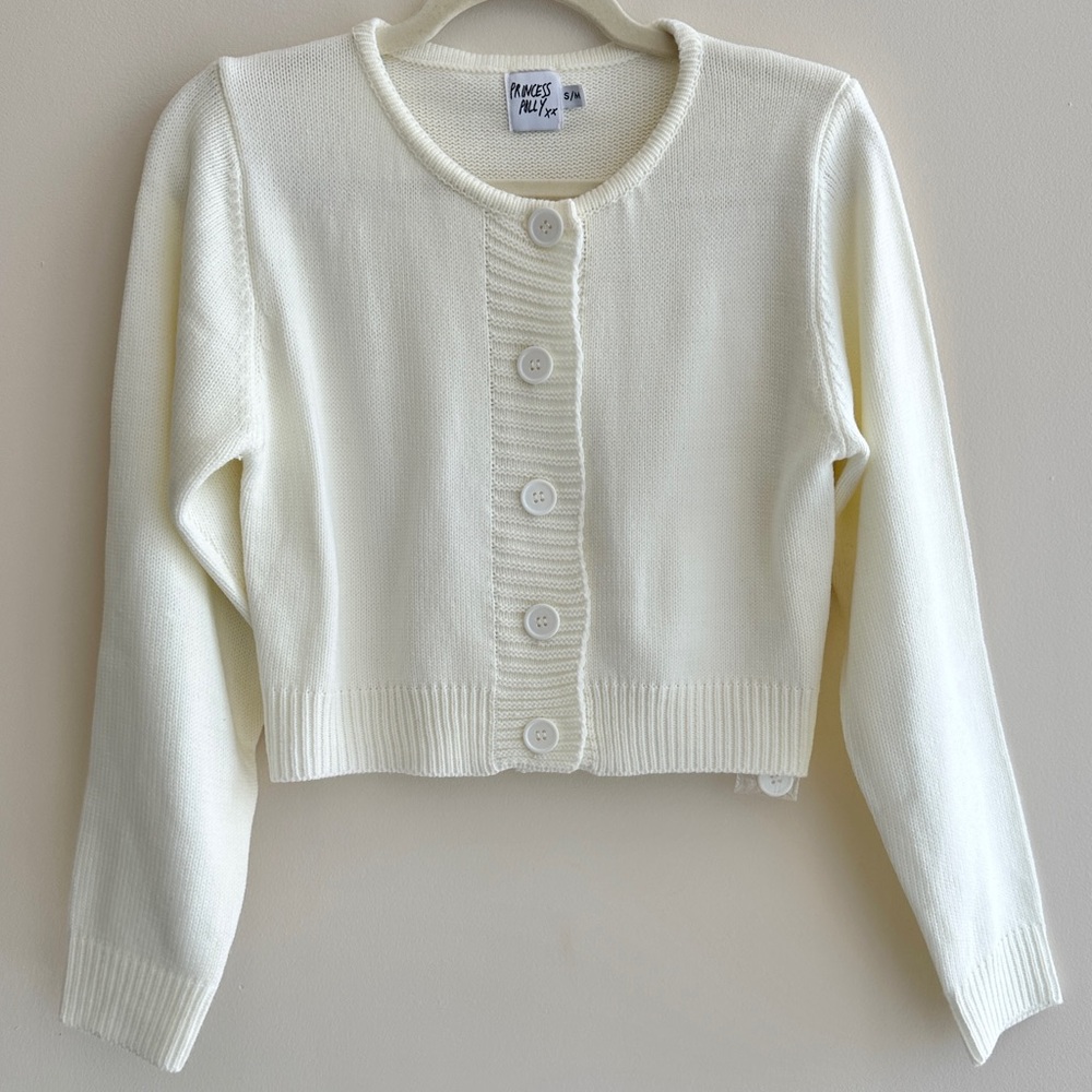 Princess Polly Collase Knit Sweater Cream, Cropped Cardigan, Size S/M